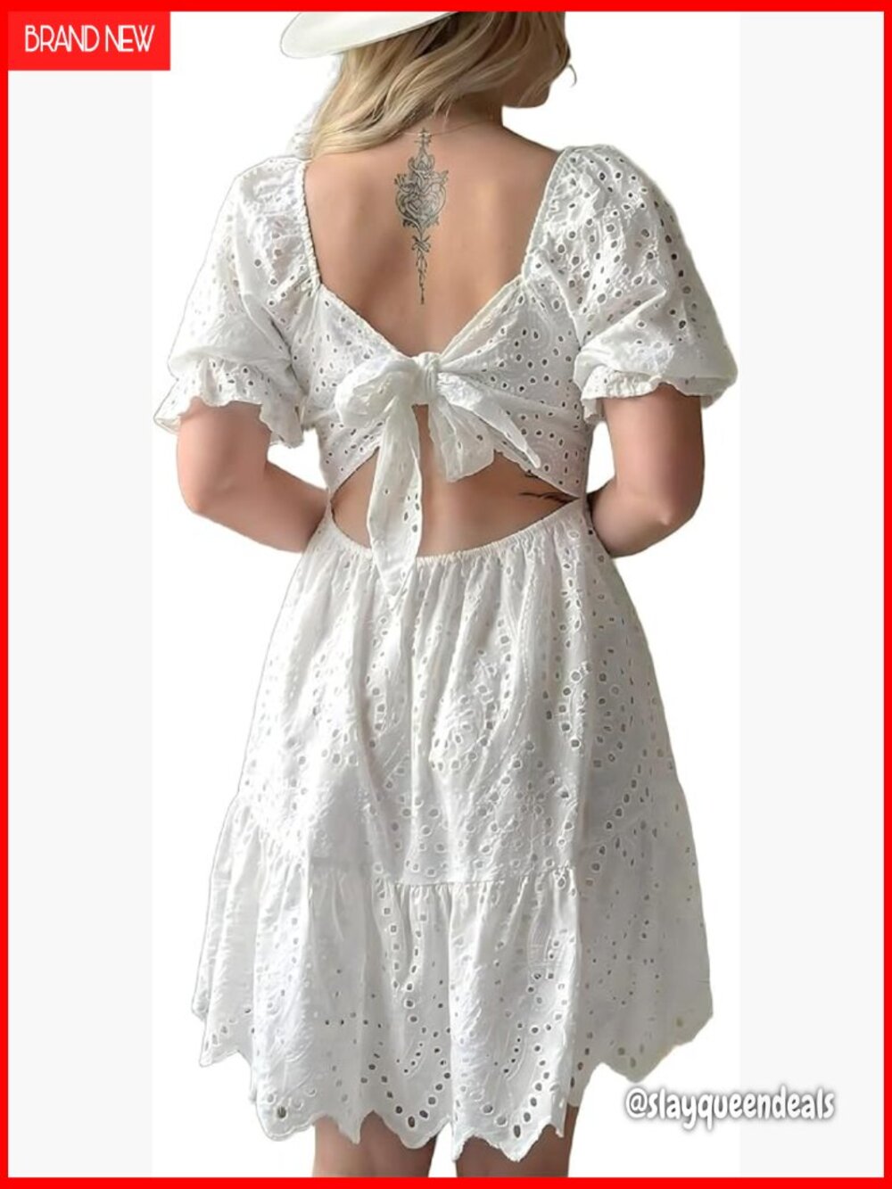Square Neck Puff Sleeve Lace Eyelet Mini Dress Beach Vacation Casual A-Line